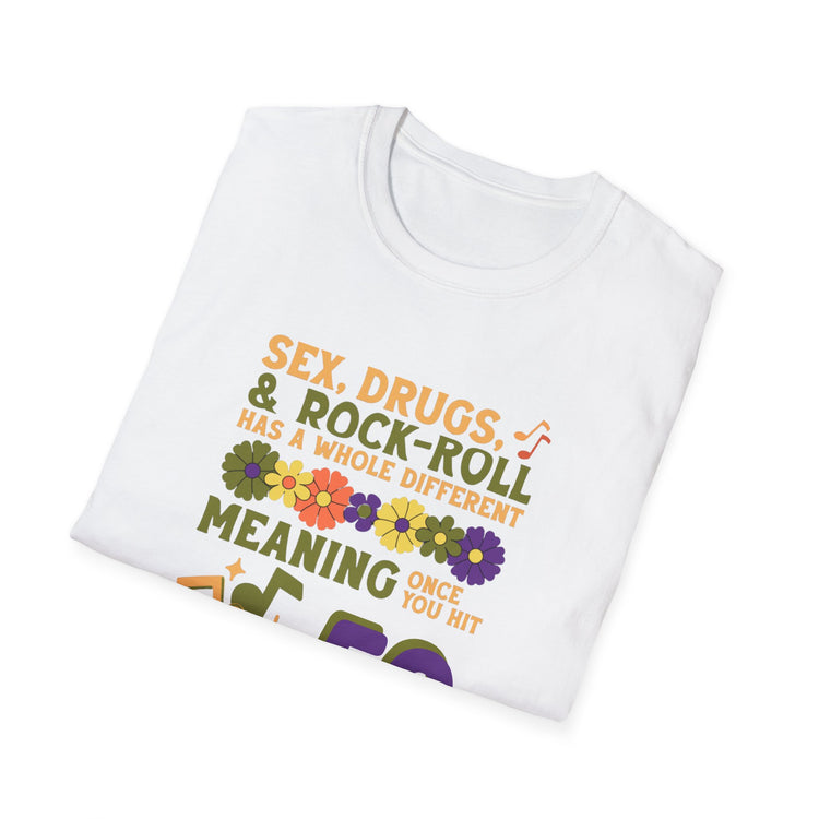 White t-shirt with colorful text and graphics on a white background