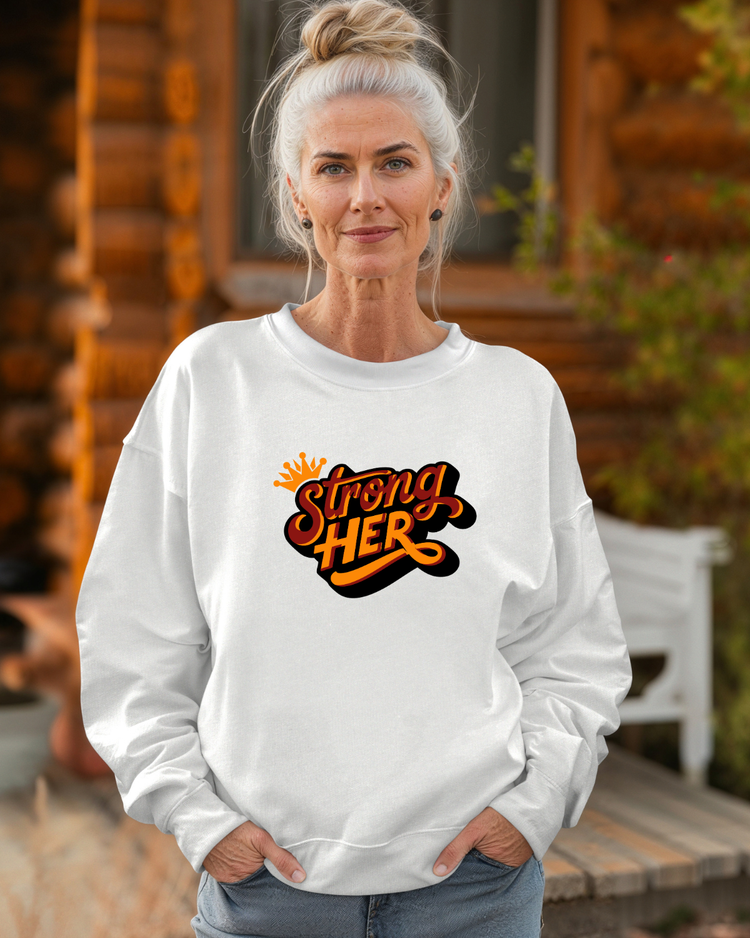Woman wearing a white sweatshirt with &