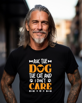 A man wearing a black t-shirt with text &