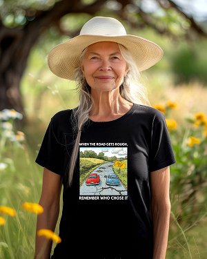 Humorous t-shirt warning people to "buckle up more challenges ahead"