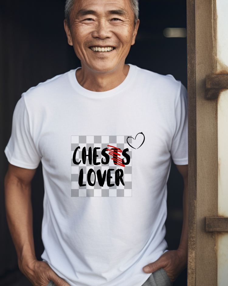 Funny tshirt with a chess board and the words chess lover graphic