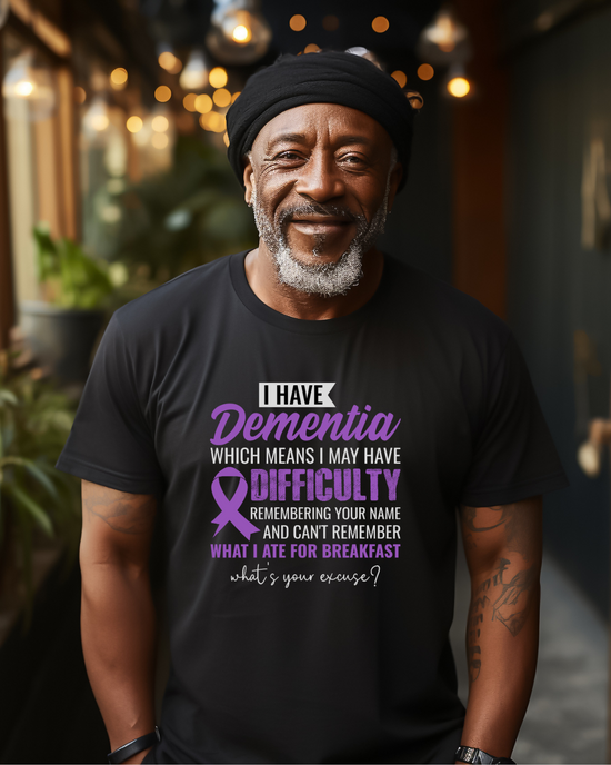 Man wearing black t-shirt with dementia message on from in purple and white