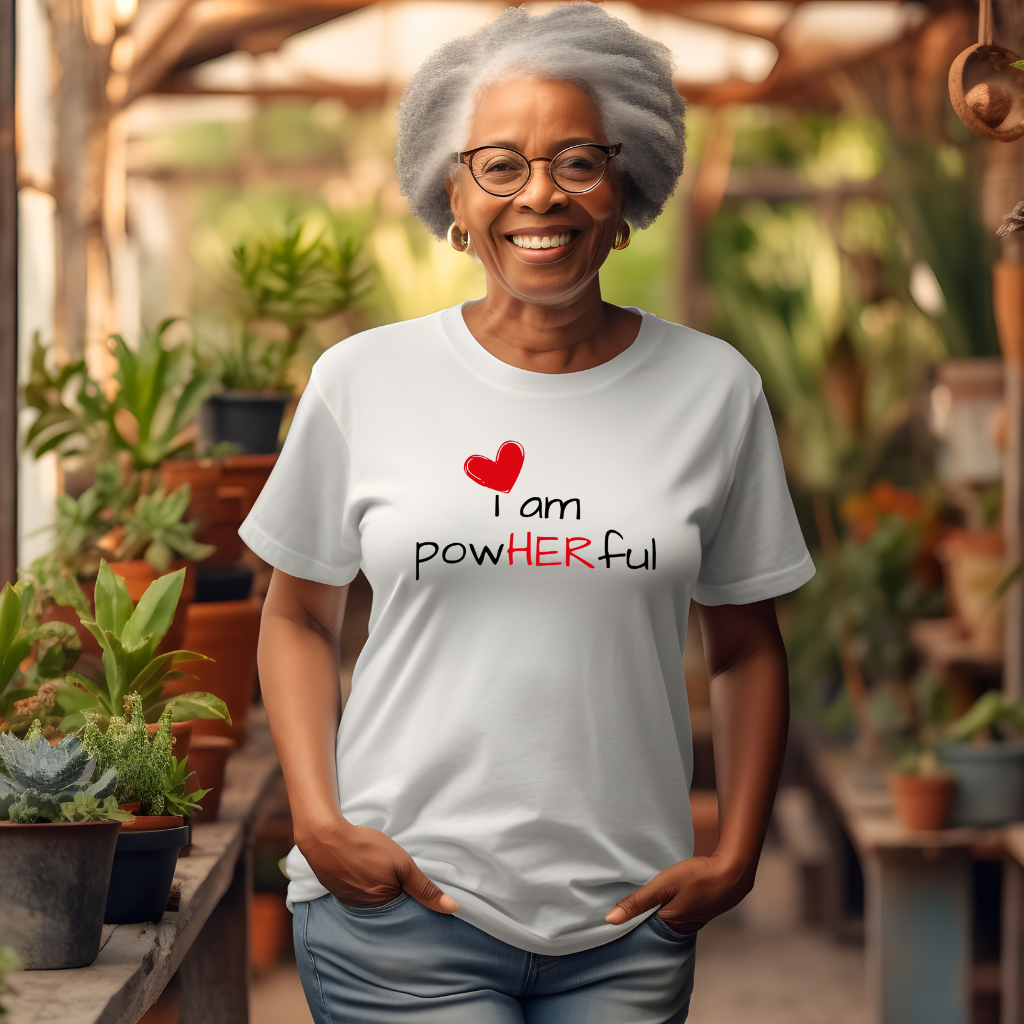 Woman wearing a white t-shirt with &