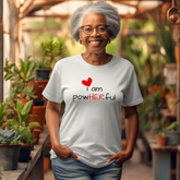 Woman wearing a white t-shirt with &