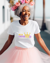 Woman wearing a white t-shirt with &