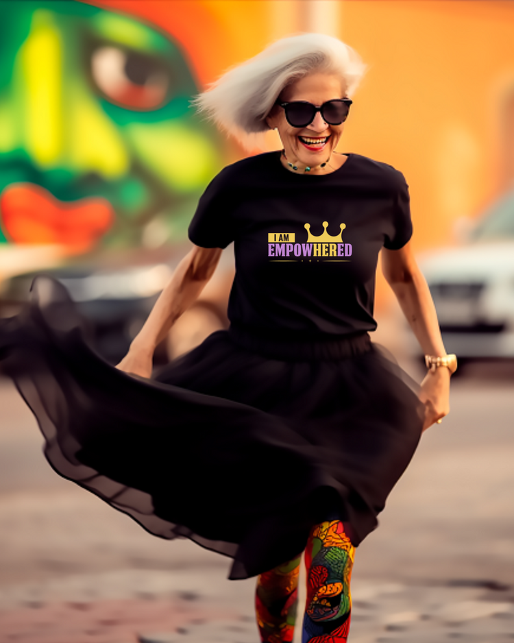 Woman wearing a black t-shirt with &