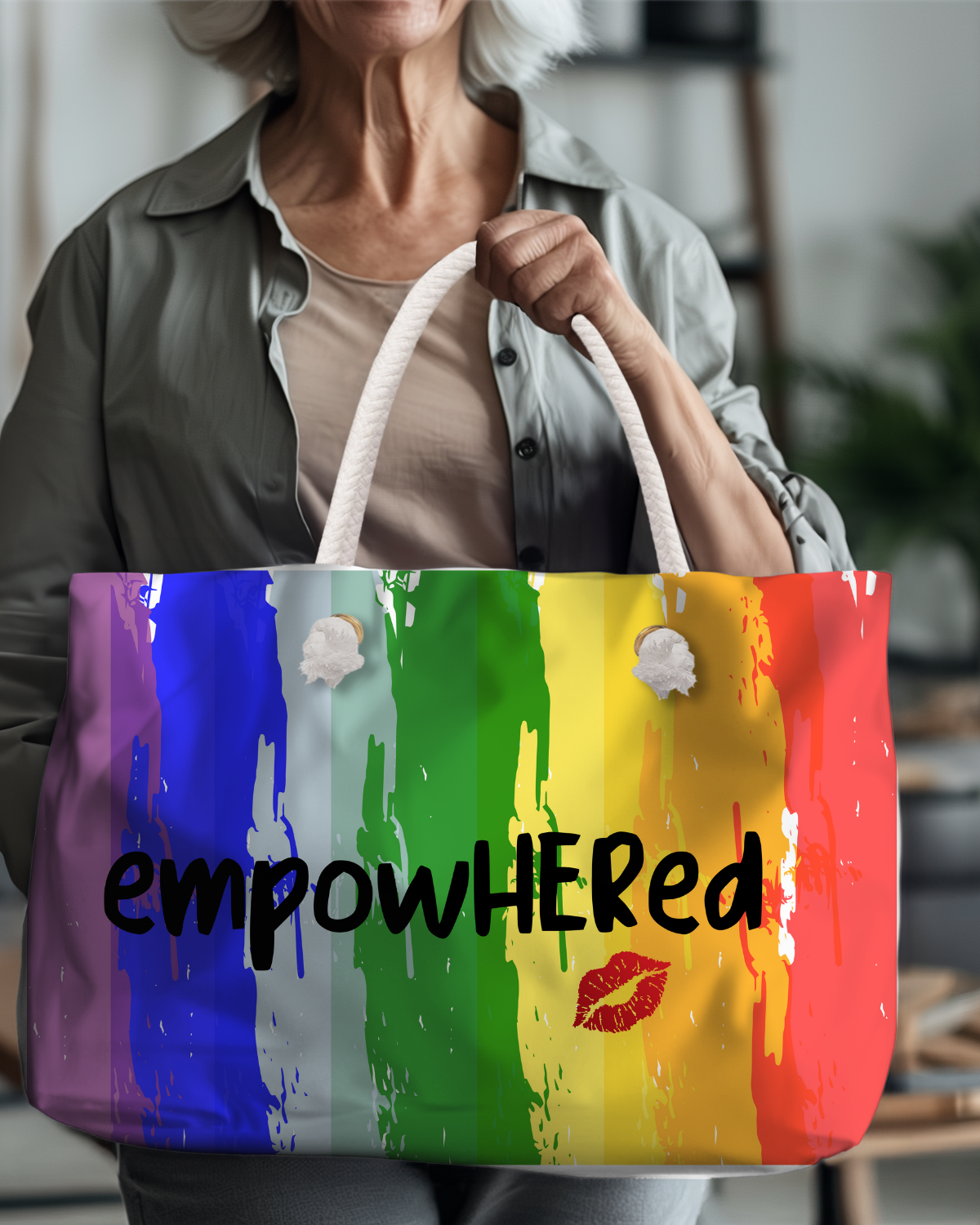 Person holding a rainbow tote bag with &