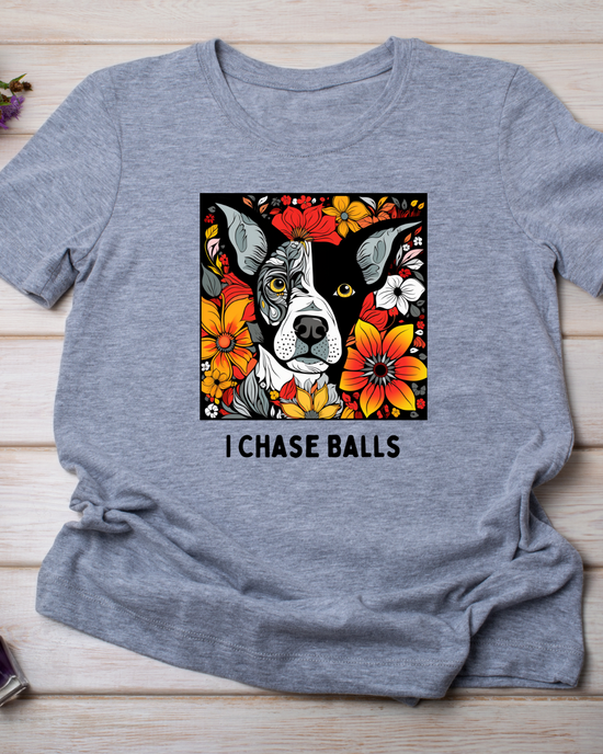 A gray unisex t-shirt with a colorful front graphic print of a dog&