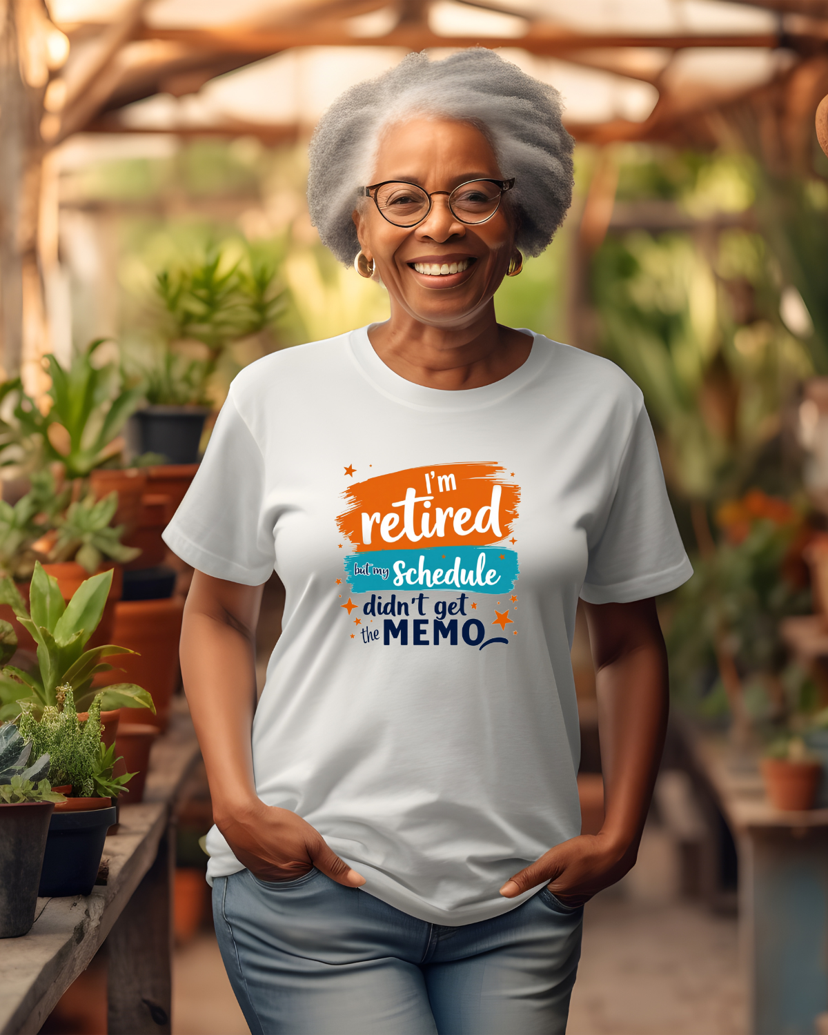 Woman wearing a white t-shirt with a humorous retirement message in a garden setting