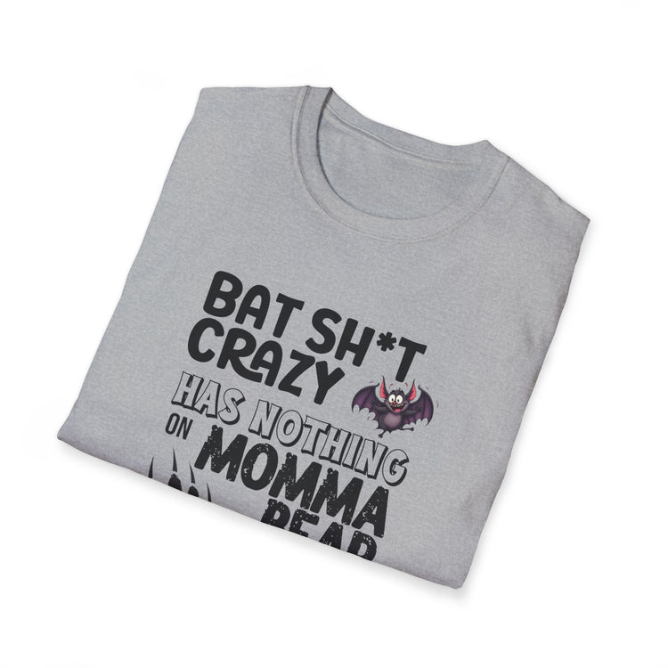 Gray t-shirt with black text and a bat graphic on a white background