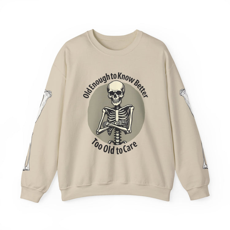 Beige sweatshirt with skeleton graphic and text &