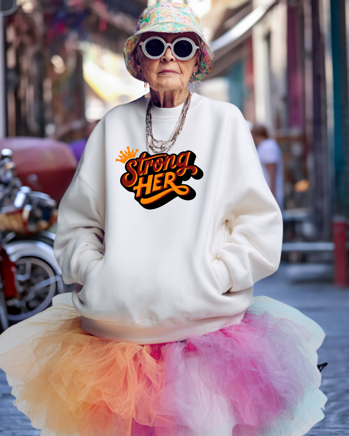 Person wearing a white sweatshirt with &