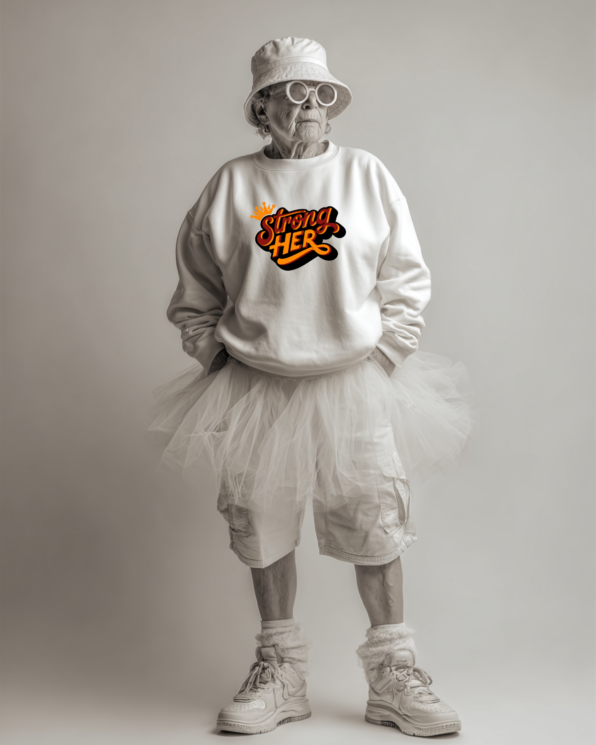 Person wearing a white sweatshirt with &