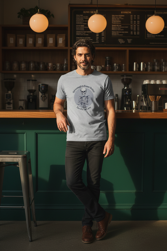 Man wearing a gray t-shirt standing in a bar setting with shelves and lights in the background.